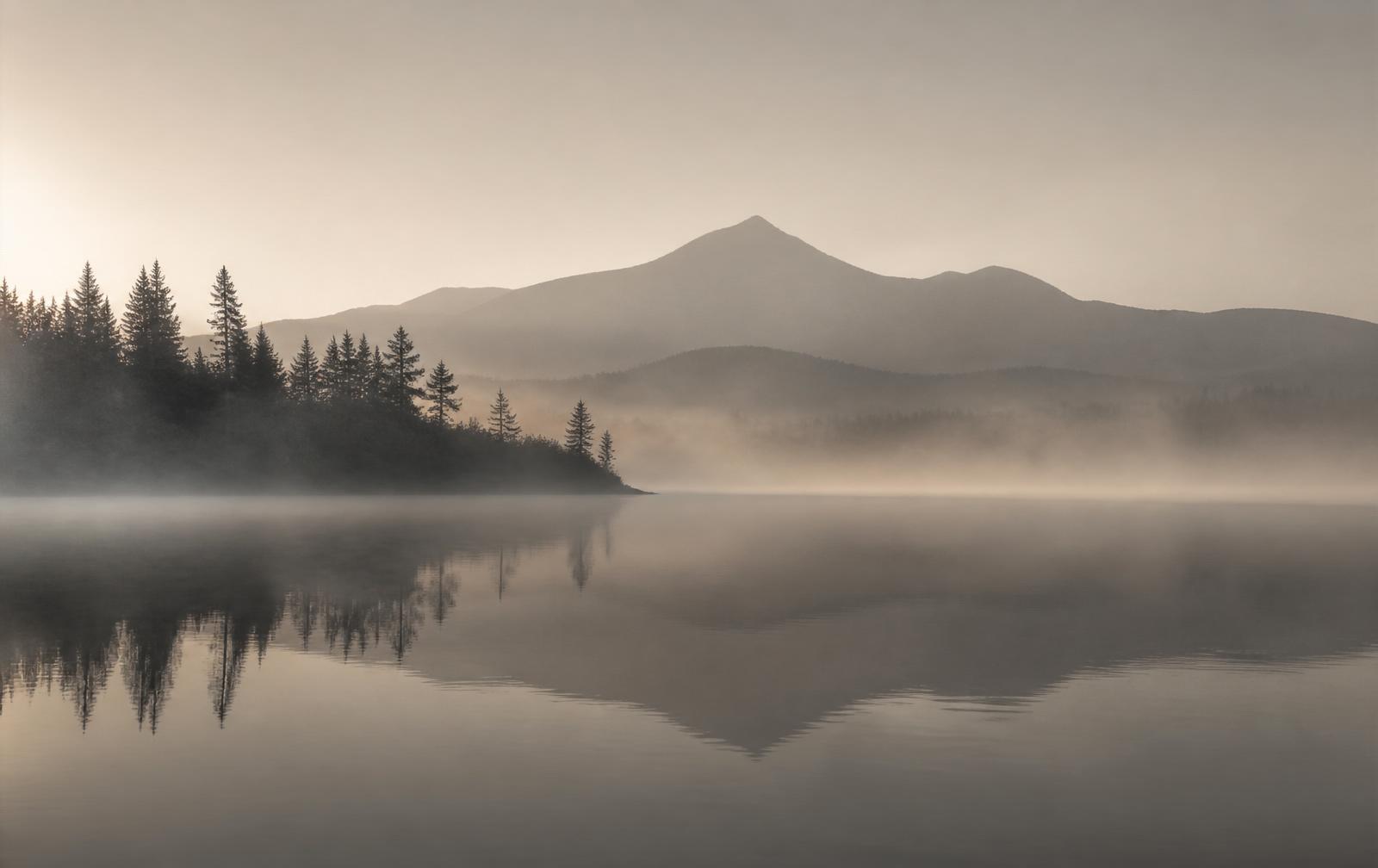 A still lake mirroring distant mountains at dawn